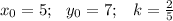 x_0=5;\,\,\,\, y_0=7;\,\,\,\,\, k=\frac{2}{5}