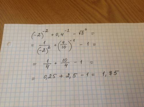 8класс найдите значение выражение (-2)^-2+0,4^-1-(корень из 3)^0 !