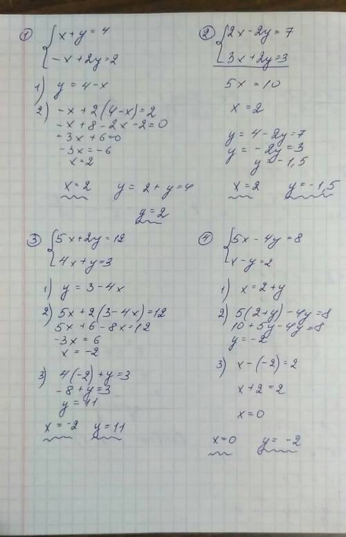 Решите систему уравнений x+y=4 -x+2y=2 следующие 2x-2y=7 3x+2y=3 следующие 5x+2y=12 4x+y=3 следующие