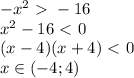 -x^2\ \textgreater \ -16\\x^2-16\ \textless \ 0\\(x-4)(x+4)\ \textless \ 0\\x\in(-4;4)