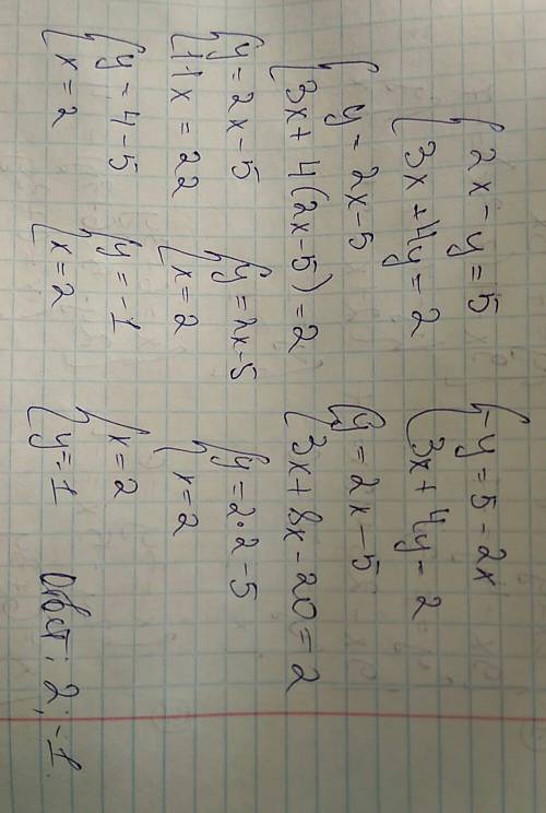 Решите систему уравнений: 2x-y=5 3x+4y=2