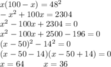 x(100 - x) = 48^2 \\ &#10;-x^2 + 100x = 2304 \\&#10;x^2 - 100x + 2304 = 0 \\&#10;x^2 - 100x + 2500 - 196 = 0 \\&#10;(x - 50)^2 - 14^2 = 0 \\&#10;(x - 50 - 14)(x - 50 + 14) = 0 \\ &#10;x = 64 \ \ \ \ \ \ \ x = 36