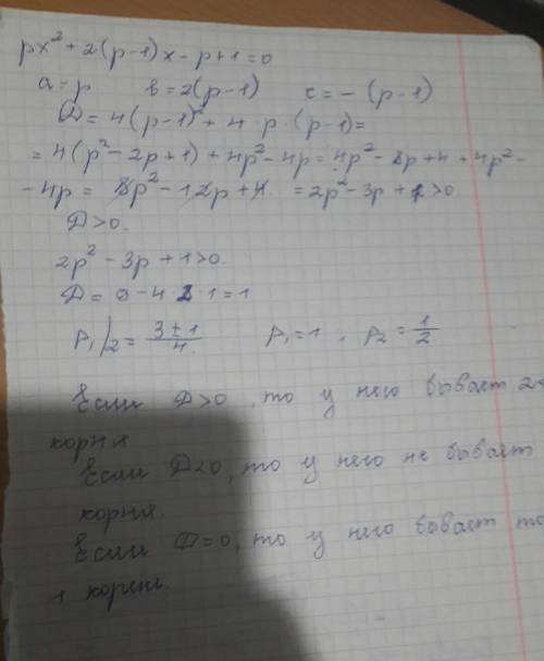 99 ! 1) при каких значения параметра р уравнение рх^2+2(р-1)х-р+1=0 имеет не более одного корня 2) п