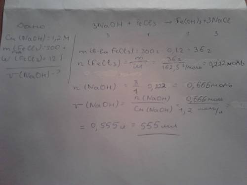 Определите объём раствора 1,2м naoh, который потребуется для полного осаждения железа в виде гидрокс