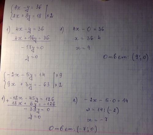 Решите 2 системы. 4x-y=36 -2x-5y=14 2x+8y=18 9x+3y= -63