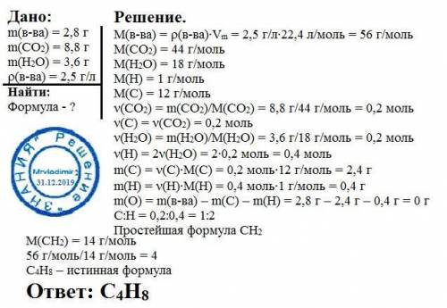Нужен при сжигании 2,80 г газообразного органического вещества выделилось 8,8г углекислого газа и 3,