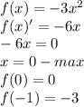 f(x)=-3x^{2}\\&#10;f(x)'=-6x\\&#10;-6x=0\\&#10;x=0-max\\&#10;f(0)=0\\&#10;f(-1)=-3