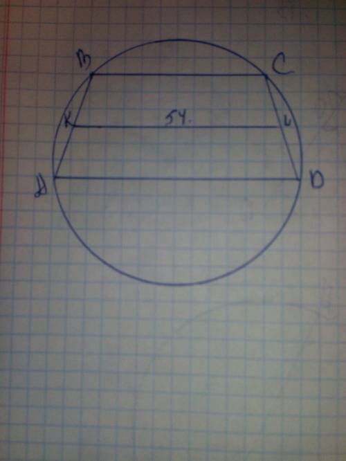 Около трапеции описана окружность. периметр трапеции равен 116, средняя линия равна 54. найдите боко