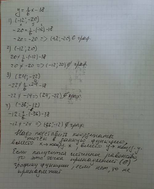 Y=1/6x-18 какая из точек принадлежит графику функции? ; -20) ; 20) 3)(24; -22) ; -12) желательно с р