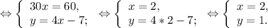 \Leftrightarrow\left \{ \begin{array}{lcl} {{30x=60,} \\ {y=4x-7;}} \end{array} \right.\Leftrightarrow \left \{ \begin{array}{lcl} {{x=2,} \\ {y=4*2-7;}} \end{array} \right.\Leftrightarrow\left \{ \begin{array}{lcl} {{x=2,} \\ {y=1.}} \end{array} \right.