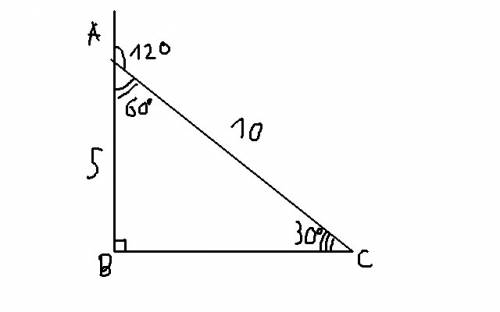 Впрямоугольном тругольнике abc с гипотенузой ac внешний угол при вершине a равен 120 градусам,ab=5см