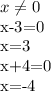 x \neq 0&#10;&#10;x-3=0&#10;&#10;x=3&#10;&#10;x+4=0&#10;&#10;x=-4