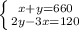 \left \{ {{x+y=660} \atop {2y-3x=120}} \right.