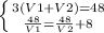 \left \{ {{3(V1+V2)=48} \atop { \frac{48}{V1}= \frac{48}{V2}+8 }} \right.