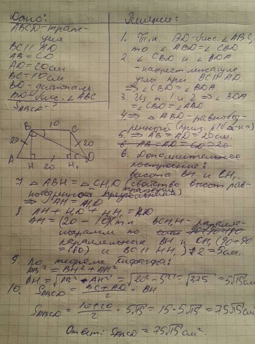 Основания равнобокой трапеции равны 10 см и 20 см , а диагональ является биссектрисой её тупого угла