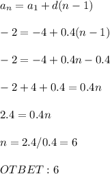 a_n=a_1+d(n-1) \\ \\ -2=-4+0.4(n-1) \\ \\ -2=-4+0.4n-0.4 \\ \\ -2+4+0.4=0.4n \\ \\ 2.4=0.4n \\ \\ n=2.4/0.4=6 \\ \\ OTBET: 6