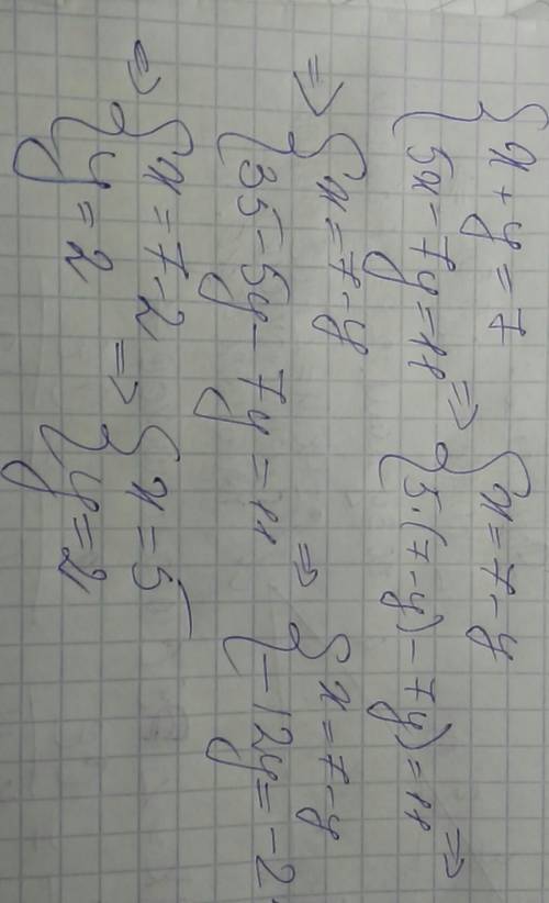 Решить систему уравнений подстановки: x+y=7 5x-7y=11