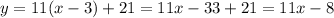 y=11(x-3)+21=11x-33+21=11x-8