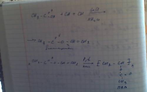 Решить цепочку ) этановая кислота + ацетилен--cucl , nh4cl--> винилацетат--p, t кат--> пва