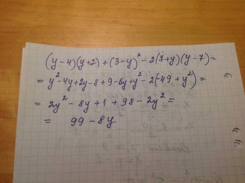 Выражение: (y-4)(y+2)+(3-y)^2-2(7+y)(y-7)