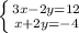 \left \{ {{3x-2y=12} \atop {x+2y=-4}} \right.