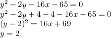 y^2-2y-16x-65=0 \\ y^2-2y+4-4-16x-65=0 \\ (y-2)^2=16x+69 \\ y=2