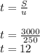 t = \frac{S}{u} \\\\ t = \frac{3000}{250} \\ t=12\\