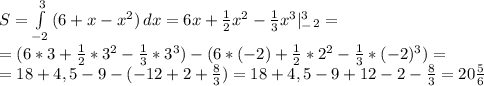 S= \int\limits^3_{-2} {(6+x-x^2)} \, dx =6x+ \frac{1}{2} x^2- \frac{1}{3} x^3|^3_-_2= \\ =(6*3+\frac{1}{2}* 3^2-\frac{1}{3}*3^3 )-(6*(-2)+\frac{1}{2}* 2^2-\frac{1}{3}*(-2)^3 )= \\ =18+4,5-9-(-12+2+ \frac{8}{3} )=18+4,5-9+12-2- \frac{8}{3}=20 \frac{5}{6} &#10;&#10;