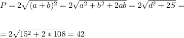 P=2 \sqrt{(a+b)^2}=2 \sqrt{a^2+b^2+2ab} = 2\sqrt{d^2+2S} =\\ \\ \\ =2 \sqrt{15^2+2*108}=42