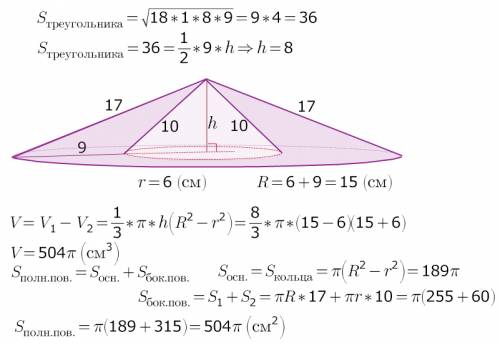Треугольник со сторонами в 9 см 10 см и 17 см вращается вокруг высоты, проведённой из вершины его ме