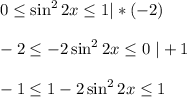 0 \leq \sin^22x \leq 1|*(-2)\\ \\-2 \leq -2\sin^22x \leq 0\,\, |+1\\ \\ -1 \leq 1-2\sin^22x \leq 1