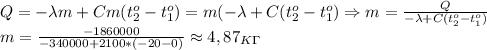 Q=-\lambda m+Cm(t_2^o-t_1^o)=m(-\lambda+C(t_2^o-t_1^o)\Rightarrow m= \frac{Q}{-\lambda+C(t_2^o-t_1^o)}\\&#10;m= \frac{-1860000}{-340000+2100*(-20-0)}\approx 4,87_K_\r