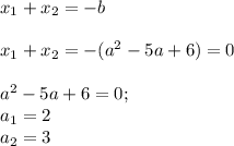 x_1+x_2=-b\\ \\ x_1+x_2=-(a^2-5a+6)=0\\ \\ a^2-5a+6=0;\\ a_1=2\\ a_2=3