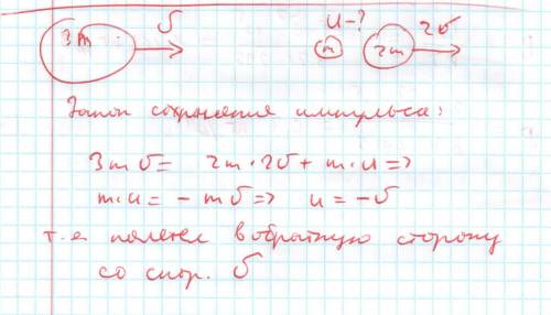 Тело массой 3m, летящее вправо со скоростью v, разорвалось на два осколка массами 2m и m. первый оск