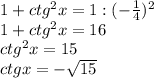 1+ctg^2x=1:(- \frac{1}{4})^2 \\ 1+ctg^2x=16 \\ ctg^2x=15 \\ ctgx= -\sqrt{15}