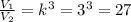 \frac{V_1}{V_2}=k^3=3^3=27