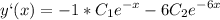 \displaystyle y`(x)=-1*C_1e^{-x}-6C_2e^{-6x}