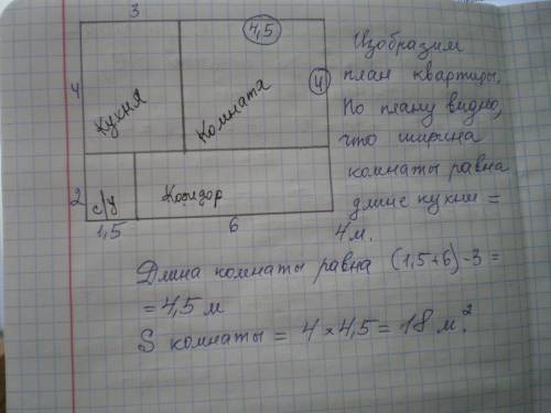 Квартира состоит из комнаты кухни коридора и санузела кухня имеет размеры 3м х 4м санузел 1,5м х 2м