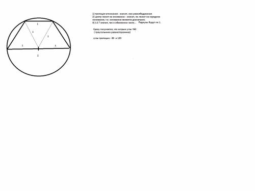 Центр кола описаного навколо трапеції належить більшій основі знайти кути трапеції якщо основи відно