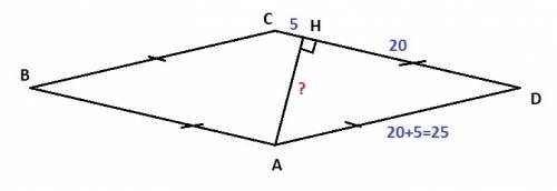 Высота ah ромба abcd делит сторону cd на отрезки dh=20 и ch=5. найдите высоту ромба