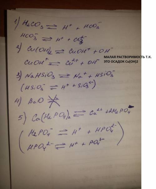 Запишите уравнения диссоциации (по ступеням) h2co3, cu(oh)2, nahsio3, bao, h4cao8p2