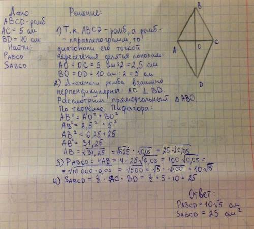 Пыталась решить,но у меня ничего не сходится, . диагонали ромба равны 5см и 10см.найдите периметр и