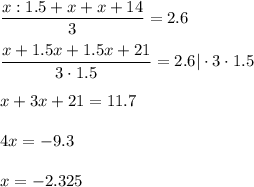 \dfrac{x:1.5+x+x+14}{3} =2.6\\ \\ \dfrac{x+1.5x+1.5x+21}{3\cdot1.5} =2.6|\cdot 3\cdot 1.5\\ \\ x+3x+21=11.7\\ \\ 4x=-9.3\\ \\ x=-2.325