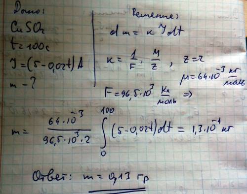 Какая масса меди выделилась из раствора cuso4 за время t=100,если ток протекавший через электролит м