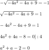 -\sqrt{-4a^2-4a+9}=-1\\ \\ \sqrt{-4a^2-4a+9}=1\\ \\ -4a^2-4a+9=1\\ \\ 4a^2+4a-8=0|:4\\ \\ a^2+a-2=0