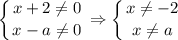 \displaystyle \left \{ {{x+2\ne 0} \atop {x-a\ne 0}} \right. \Rightarrow \left \{ {{x\ne-2} \atop {x\ne a}} \right.