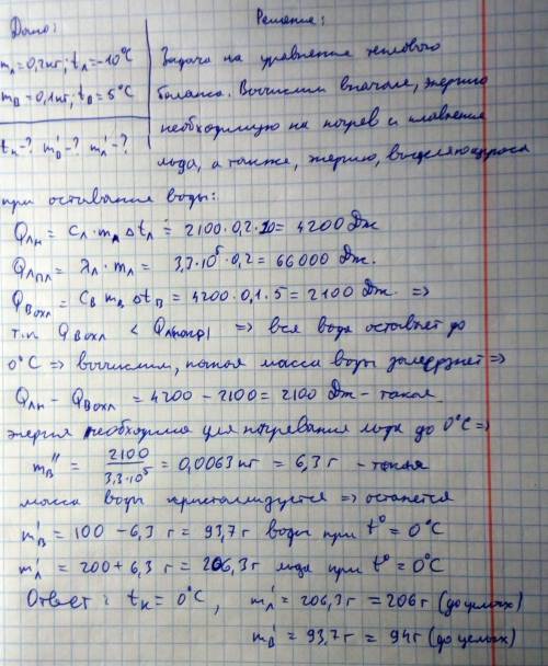 Вкалориметре смешали m1=200 г льда при температуре t1=−10 градусов цельсия и m2=100 г воды при темпе