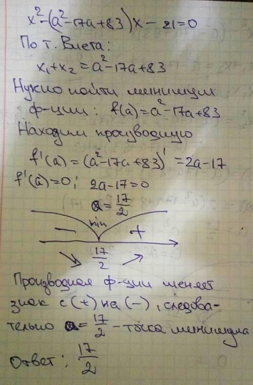 За якого значення параметра а сума коренів рівняння х² – (а²– 17а + 83)х – 21 = 0 буде найменшою?