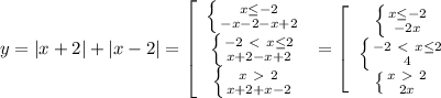 y=|x+2|+|x-2|= \left[\begin{array}{ccc} \left \{ {{x \leq -2} \atop {-x-2-x+2}} \right. \\ \left \{ {{-2\ \textless \ x \leq 2} \atop {x+2-x+2}} \right. \\ \left \{ {{x\ \textgreater \ 2} \atop {x+2+x-2}} \right. \end{array}\right= \left[\begin{array}{ccc} \left \{ {{x \leq -2} \atop {-2x}} \right. \\ \left \{ {{-2\ \textless \ x \leq 2} \atop {4}} \right. \\ \left \{ {{x\ \textgreater \ 2} \atop {2x}} \right. \end{array}\right