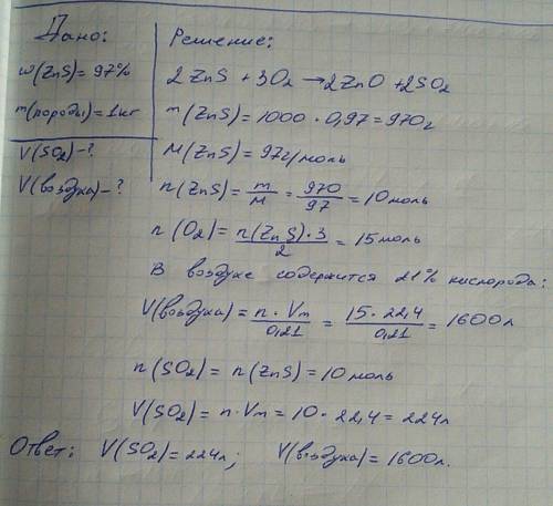 Какой объём сернистого газа образуется при обжиге 1кг цинковой обманки, содержащей 97% чистого сульф